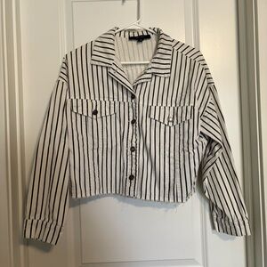 Black And White Miss Love Striped Cropped Raw Hem Denim Jacket - Size Small